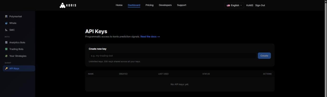 The API Keys page with the create-key form and the empty key table