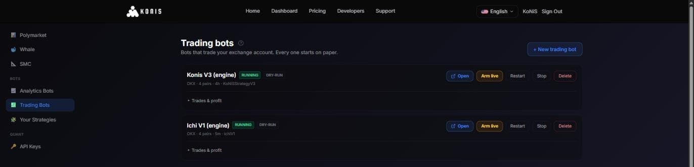 The Trading bots list with two bots, each showing a running badge and a dry-run badge